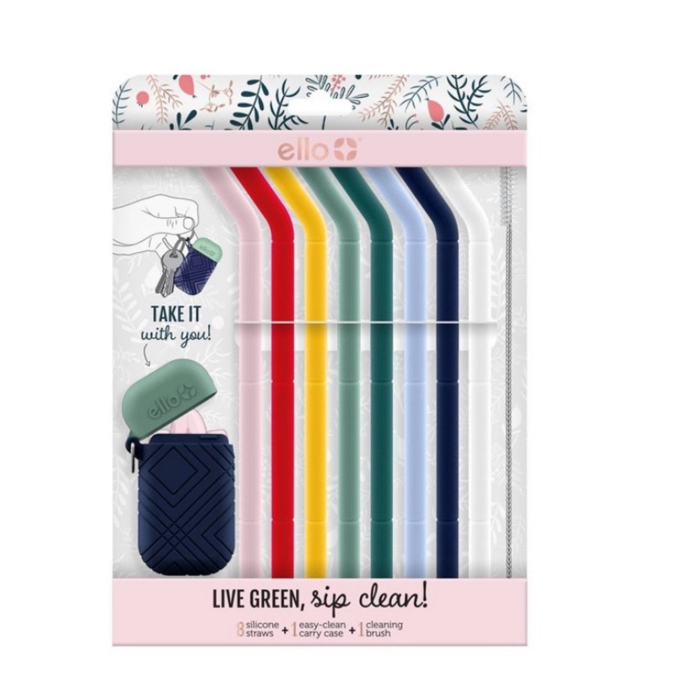 Ello Fold & Store Reusable Silicone Straws and Straw Cleaner 8 pack